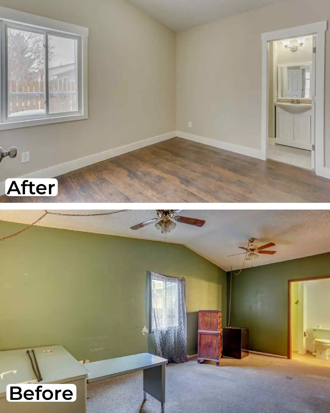 Bright bedroom refinish with new flooring and soft wall colors