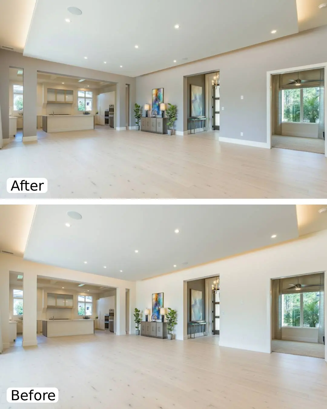 Cozy family dining room refinish with warm wood floors and fresh neutral paint