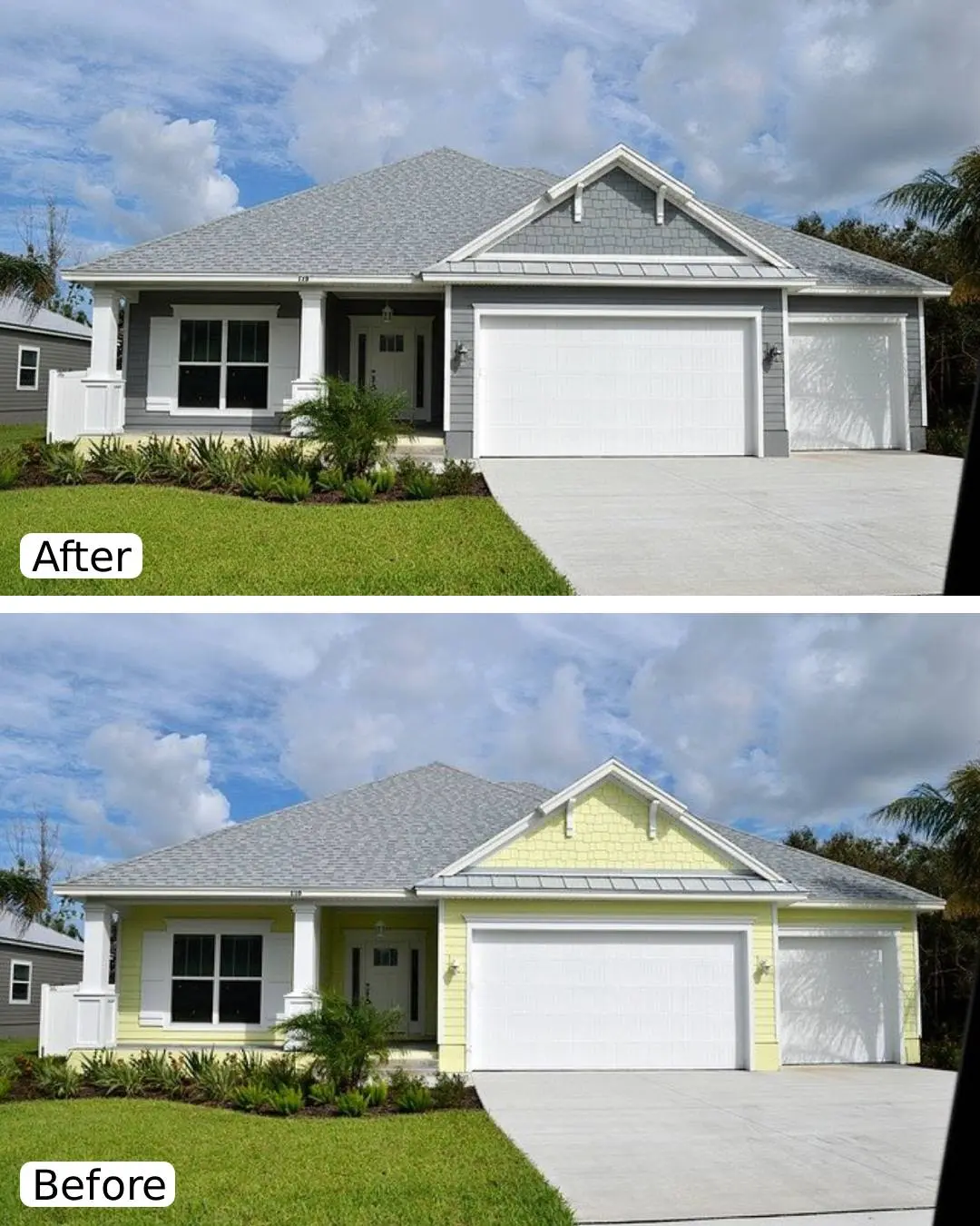 Suburban front facade renewal with updated siding and trim colors