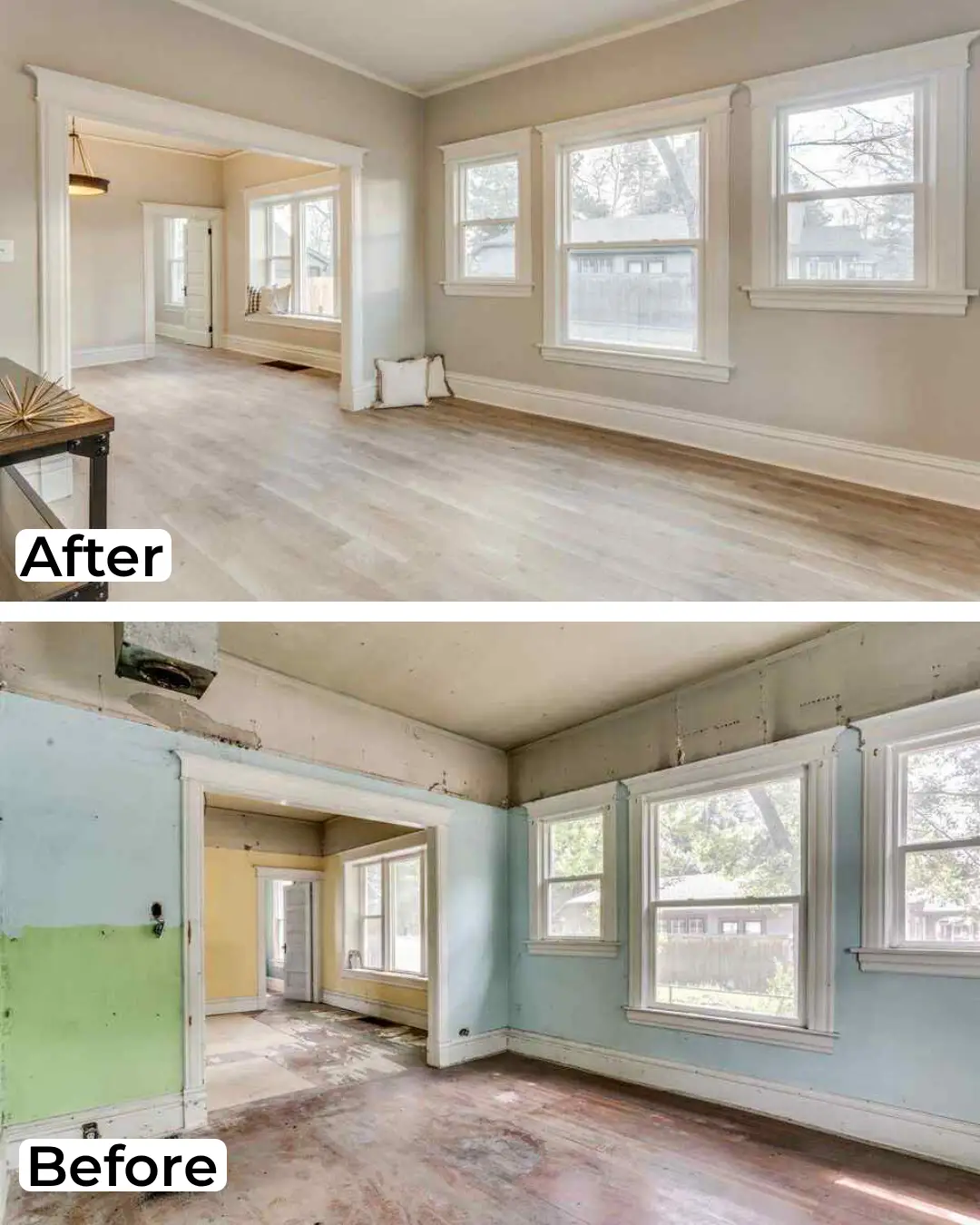 Open living room transformation with fresh paint and updated flooring